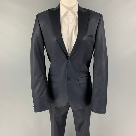 CALVIN KLEIN COLLECTION Size 34 Navy Black Wool Peak Lapel Tuxedo Suit - Picture 1 of 1
